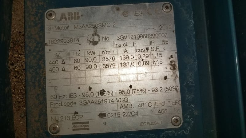 120 HP 3579 RPM ABB, TEFC, 440-460V., Atlas Copco 1622-9038-14