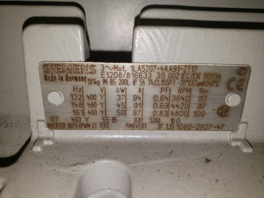 67 HP 4800 RPM Siemens, Frame 200L, variable speed drive, TEFC, 460 Volts