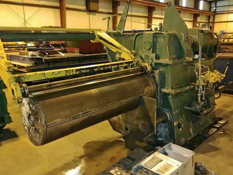40000 lb. Paxson, recoiler, 20" diameter x 64" face drum, 10.5" diameter main shaft, hydraulic pushoff