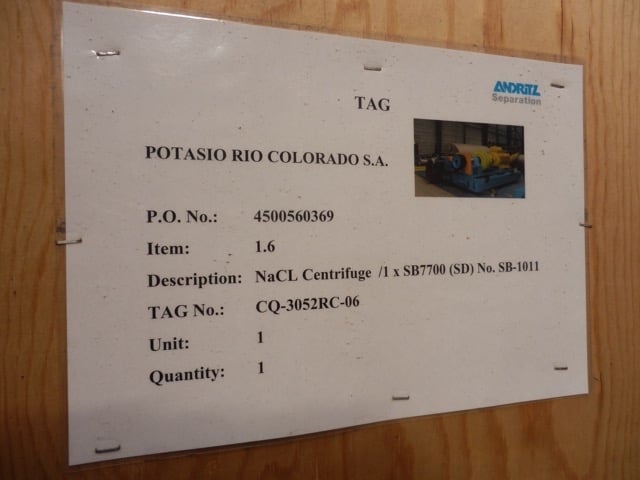 Andritz #SB7700, 348 HP, 995 RPM, super duplex stainless steel screen bowl decanter centrifuge, motor drive