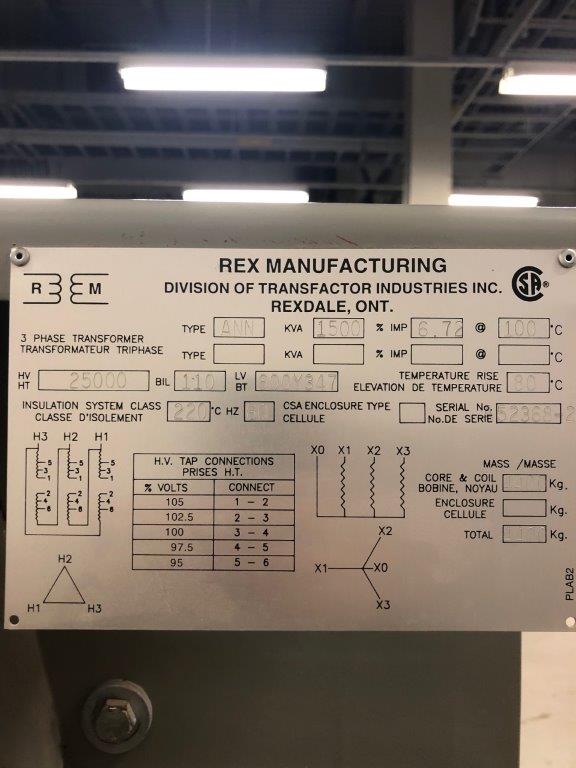1500 KVA 25000 Delta Primary, 600Y/347 Secondary, Rex, dry type, core & coils only