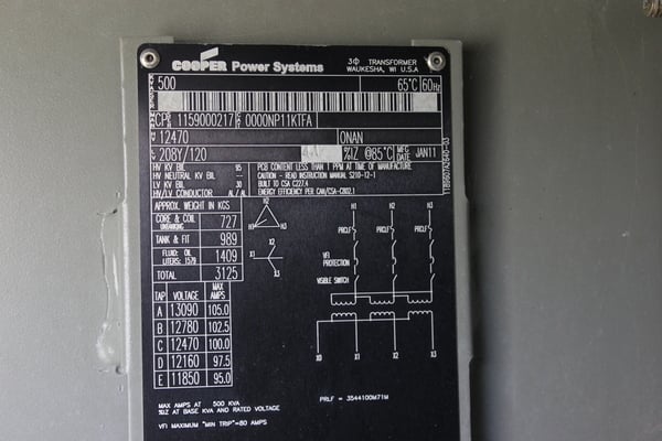 500 KVA 12470 Delta Primary, 208Y/120 Secondary, Cooper, padmount transformer (7 available)