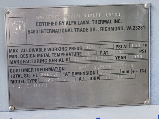 2460 Sq.ft., Alfa-laval #m20-mfg, Heat Exchanger, 150 Psi, 1999 For 