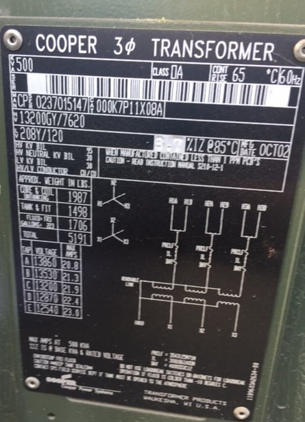 500 KVA 13200Y/7620 Primary, 208Y/120 Secondary, Cooper, dead front, loop feed, spade secondary