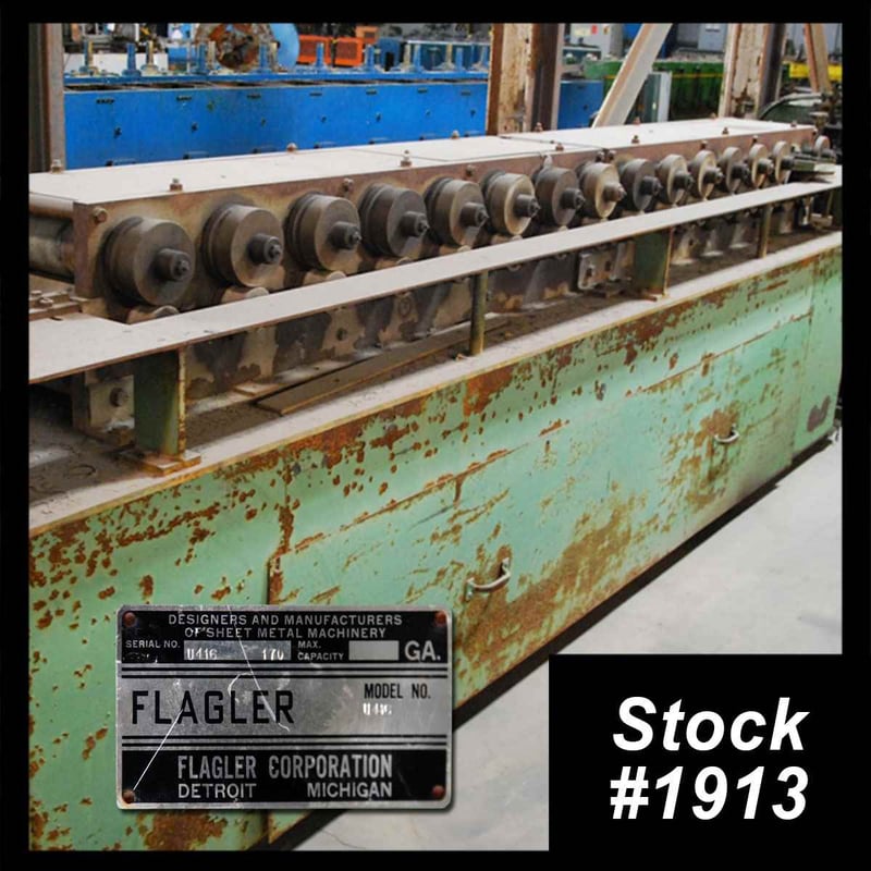 16 Stand, Flagler #U416, Triplex rollformer, 1-1/8" spindle diameter, 8" roll space, 8" horizontal centers