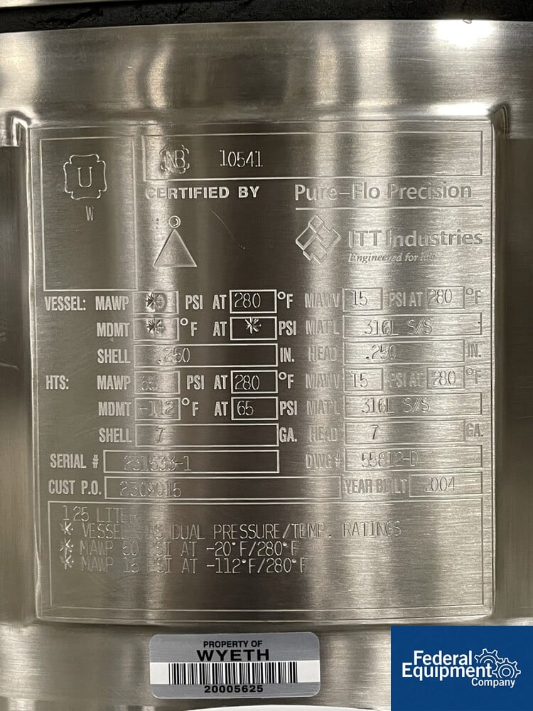 50/65 psi, ITT, Integrated Biosystems Cryovessel, 125 liter, 316L