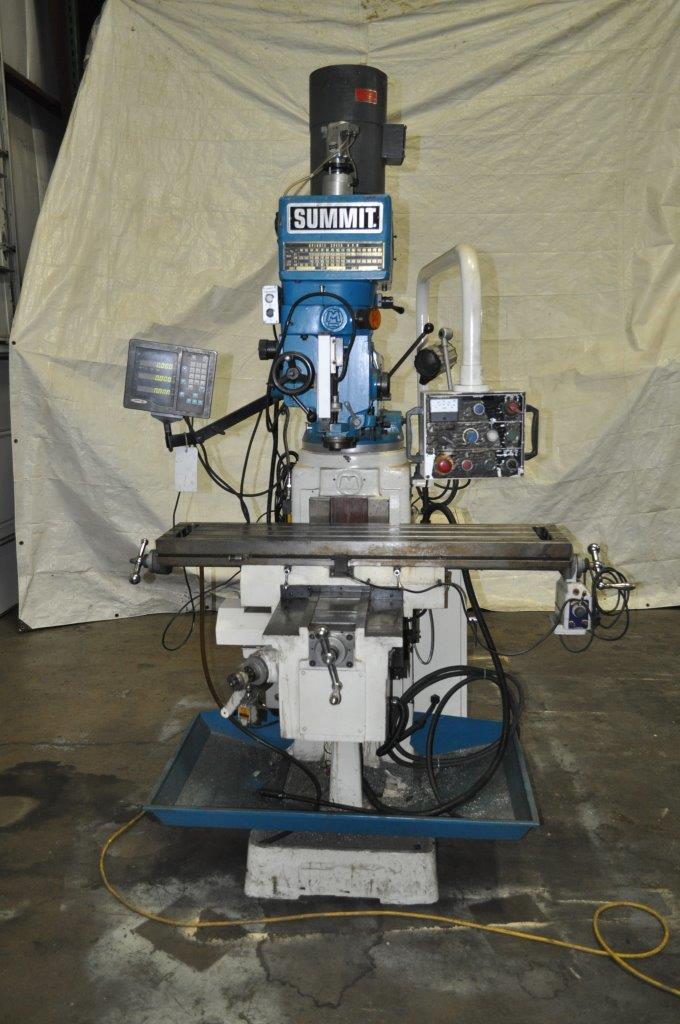 Summit #EVS-550, vertical mill, 11" x52" table, 5 HP, 32" X, 16" Y, 22" Z, 80-3650 RPM variable speed, Fagor
