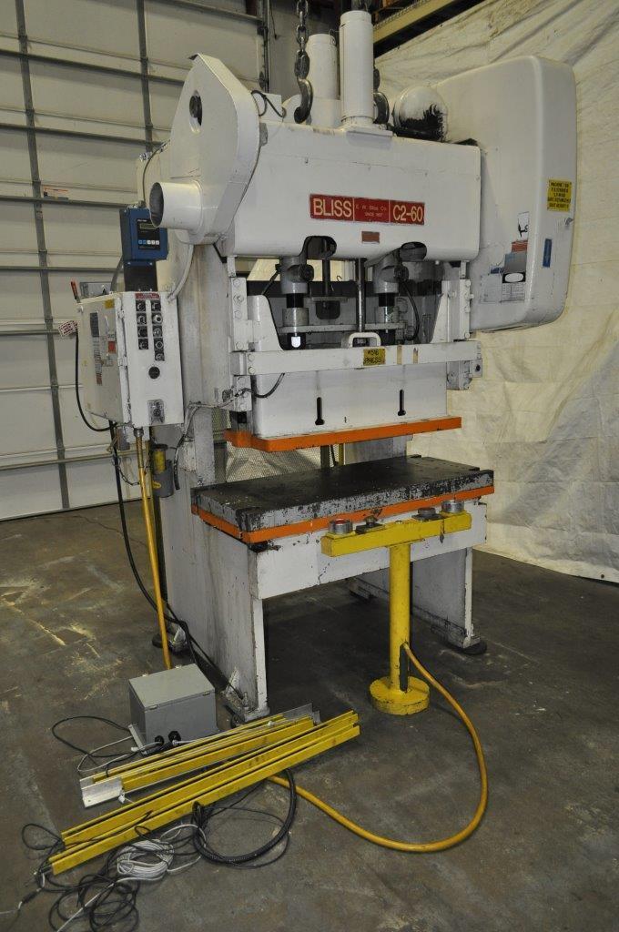 60 Ton, Bliss #C2-60, double crank gap, 3" stroke, 14" Shut Height, 2.5"adj., 54" x24" bed, air clutch & brake