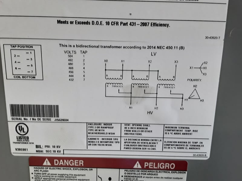 30 KVA 480 Delta Primary 208Y 120 Secondary Eaton Three Phase Transformer 2015 For Sale