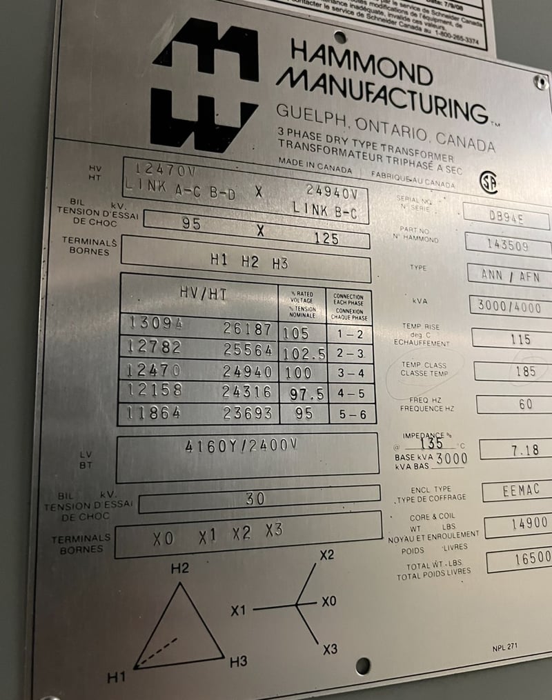3000/4000 KVA 24940/12470 Delta Primary, 4160/2400Y Secondary, Dual