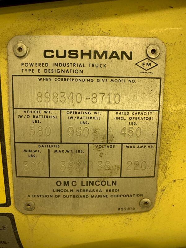 Cushman #898340-8710, Electric Personall Cart, 960 lb