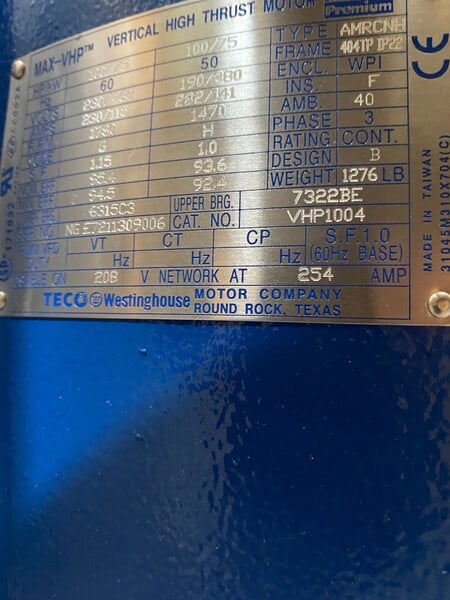 100 HP 1780 RPM Teco Westinghouse, Frame 404TP16, weather protected enclosure type 1, VHS, vertical hollow