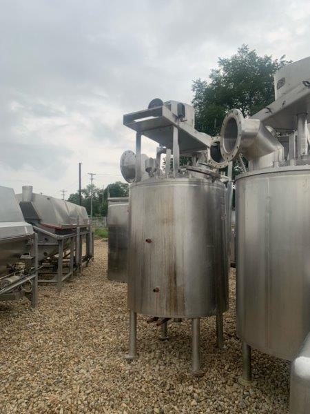 250 gallon Lee #250U9MS, Stainless Steel jacketed mix tank, 100 psi, dish top, 1993