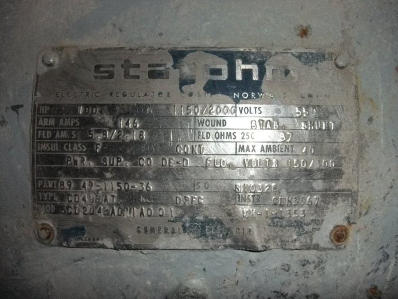 100 HP 1150/2000 RPM General Electric Statohm DC motor, 550 VA for Sale ...