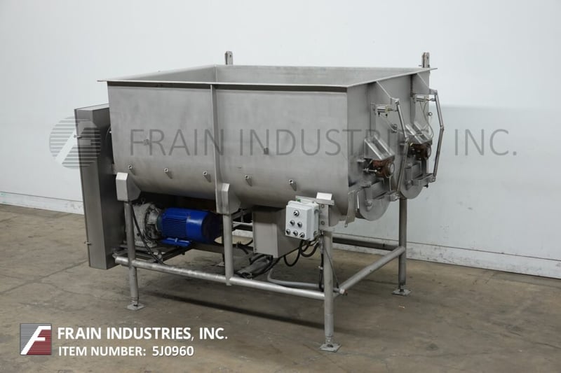 304 Stainless Steel dual trough ribbon blender, 90 cu.ft., (2) 20 HP motor drives, mounted on