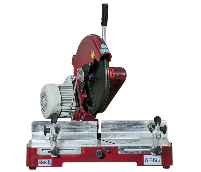 14" Atech #PEGASUS-06-P, manual miter cutoff saw, 3 HP belt drive, 4.52" H x 5.9" front to back to 3.93" x 7"