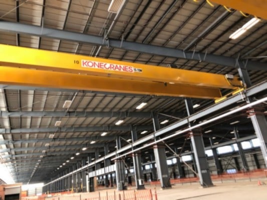 15 Ton, Kone #CXTD, double girder bridge crane, 91' 8" span, 32' 6.75" lift height, remote control, 2007