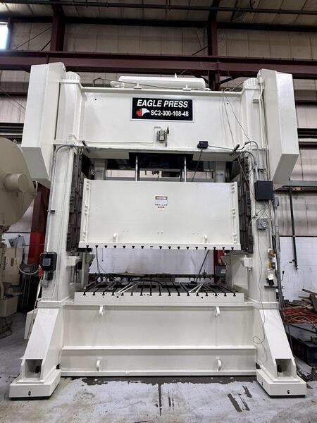 300 Ton, Eagle #SC2-300-108-48, straight side double crank mechanical press, 12" stroke, 38" Shut Height, air