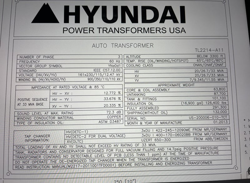 20/26/33 MVA 161x230 KV Primary, 115 KV Secondary, Hyundai, auto with