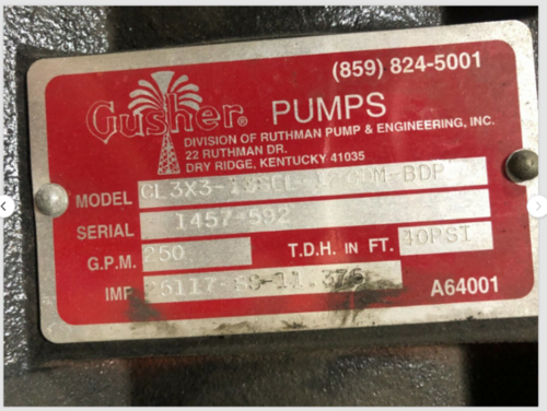 250 GPM, Gusher #CL3x3-13SEL-12CDM-BDP, Vertical Centrifugal Pump