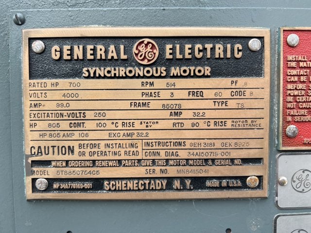 700 HP 514 RPM General Electric, Frame 8507S, DPSB, 4000 Volts