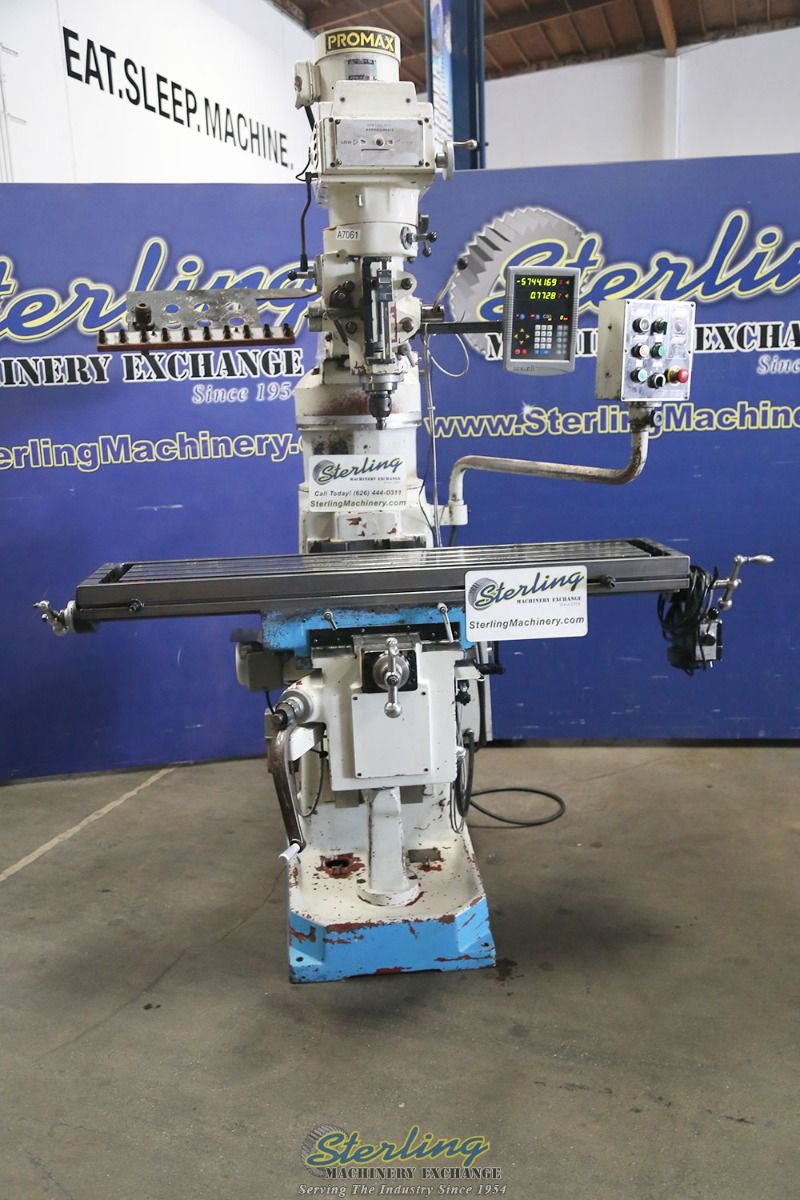 Promecam, Milling Machine, 12" x58" table, 8" riser, 2 HP, 2 Axis Dro