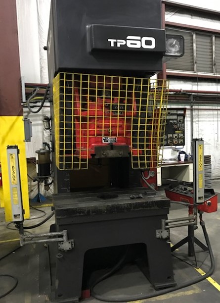 66 Ton, Amada #TP-60, gap frame press, 4.72" stroke, 14.57" Shut Height, 35.43" x21.65" bed, 45-80 SPM