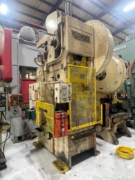 150 Ton, Verson #150-OBG, single crank mechanical gap press, 8" stroke, 22" Shut Height, air clutch, 1978