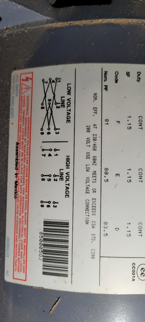 30 HP 1760/1445 RPM A.O. Smith Century E-plus 7-850005-01-OJ