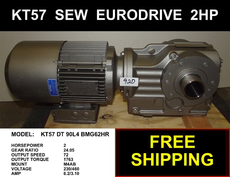 2 HP 1720 RPM Sew-Eurodrive KT57 DT90L4BMG2HR, Frame M4AB, TEFC, 24:1 Ratio, 230/460 Volts, Helical Bevel