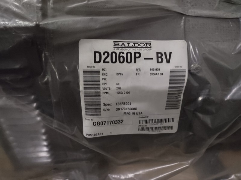 60 HP 1750 RPM Baldor, Frame 366AT, DP-BV, 240 VA, 150/300 VF, new surplus