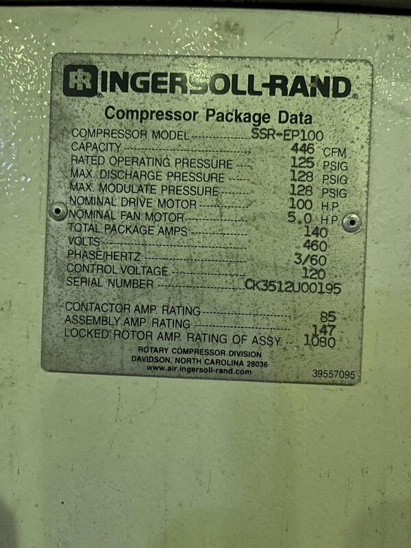100 HP Ingersoll-Rand #SSR-EP100, screw type, air cooled, s/n Ck3512u00195, 64812 hours, 2000