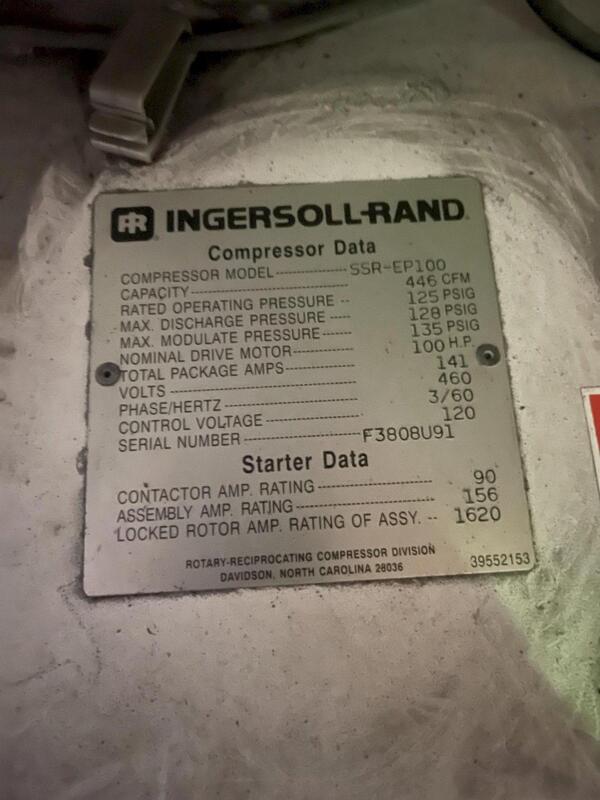 100 HP Ingersoll-Rand #SSR-EP100-2S, screw type air compressor, air cooled, s/n f3808u91