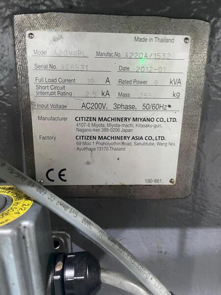 Citizen #A20-VII-2F7PL, CNC swiss lathe, .75