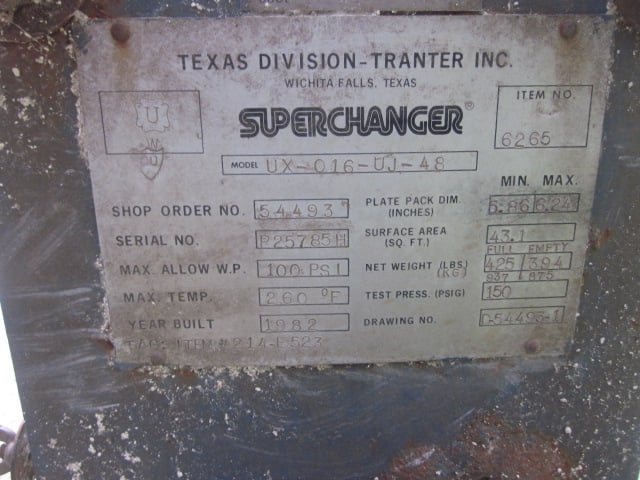 43 sq.ft., Superchanger (Tranter), 48 plates, 316SS plates, 100 psi, 260°F , 1982