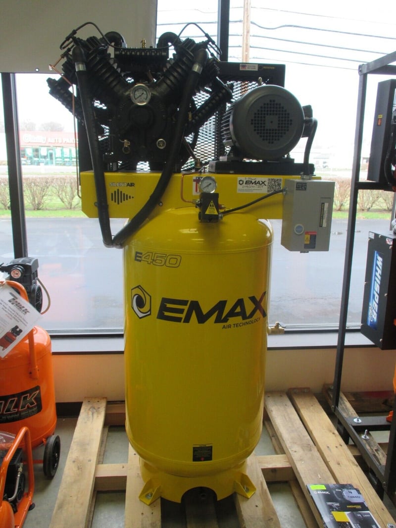 7.5 HP Emax #SilentAir, heavy duty vertical compressor, 80 gallon, single or 3 phase, new