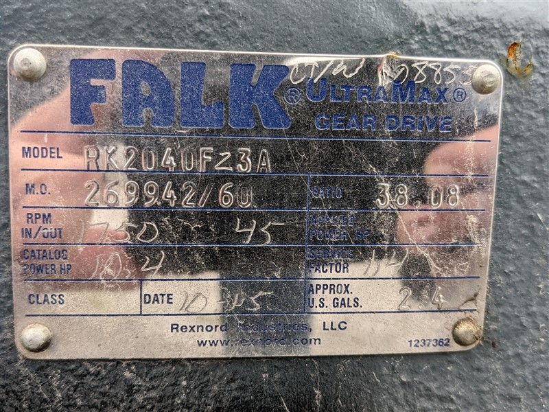 45 HP 1750 RPM, Falk UltraMax RK2040F23A, 45 RPM out, 38.081 ratio