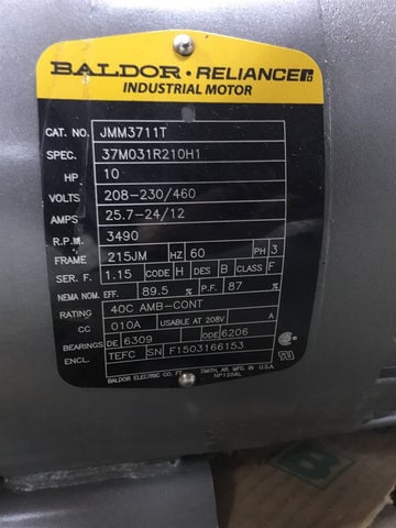 10 HP 3600 RPM Baldor JMM3711T, Frame 215JM, TEFC, 2P, 208 10 HP 3600 RPM Baldor JMM3711T, Frame 215JM, TEFC, 2P, 208