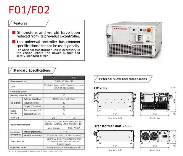 Kawasaki, RS015X, F02 controller, 15 Kg, 3150mm reach, Teach 