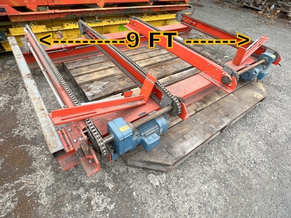 Chain transfer 4 strand conveyor, 7' or 9', chain race slack adjusters ...