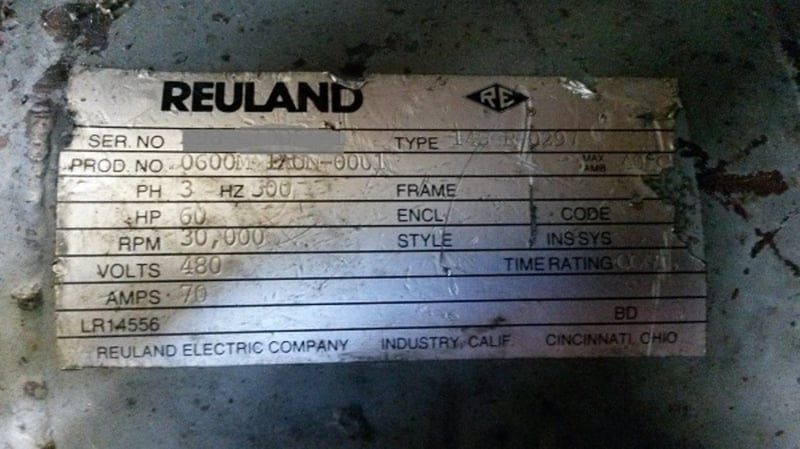 60 HP 30000 RPM Reuland, motor with vari-speed drive, oil lube system, scavenge, oil radiator, 480 Volts, 1998