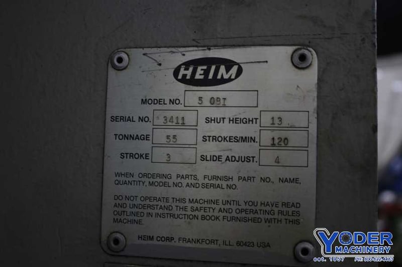 55 Ton, Heim 5OBIFW, OBI flywheel press, 3" stroke, 13" Shut Height
