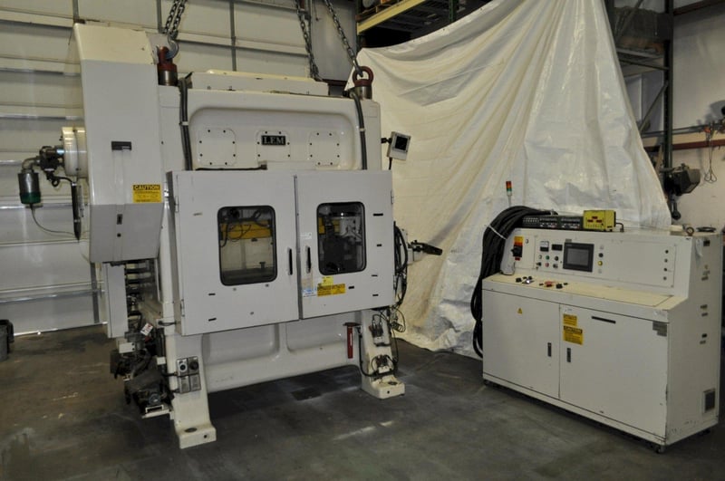 90 Ton, Lem #4508C, high speed straight side double crank, 3.1" stroke, 9.8" Shut Height, 45-150 SPM, 11"