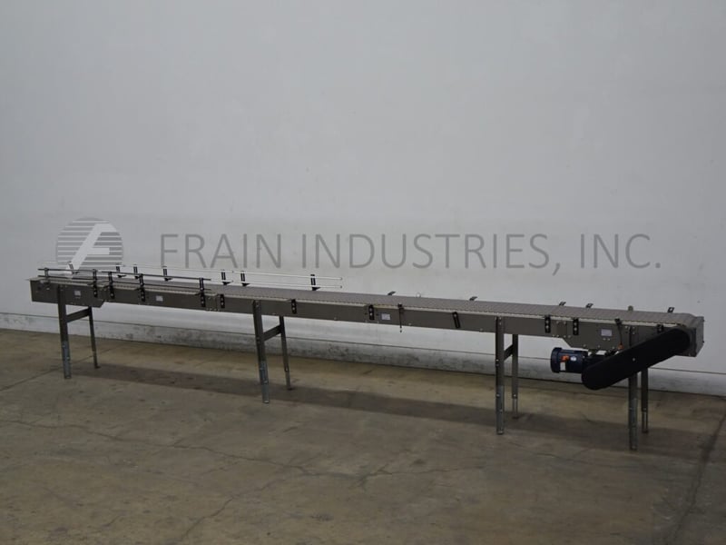 12" wide x 19.5' long, Nercon, table top conveyor, painted frame, 30"-38" infeed/discharge height range