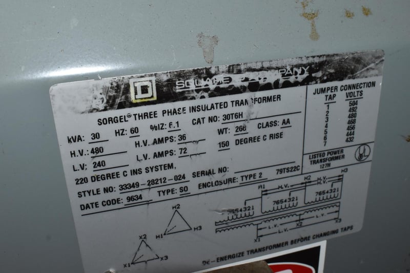 30 KVA 480 Primary, 240 Secondary, Square D #30T6H, step down ...