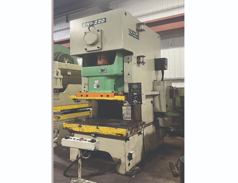 220 Ton, Seyi #SN1-220, single pt gap frame press, 8.66" stroke, 17.72" die height, 4.33" adj., 25-55 SPM
