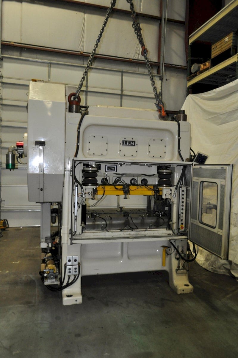 90 Ton, Lem #4508C, straight side double crank high-speed press, 3.1" stroke, 9.8" Shut Height,.11"adj.
