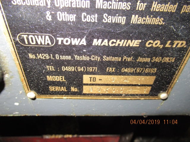 .74" Towa #TO-3A, shaver, 7-30 PPM, lift blade hopper, jaw spindle