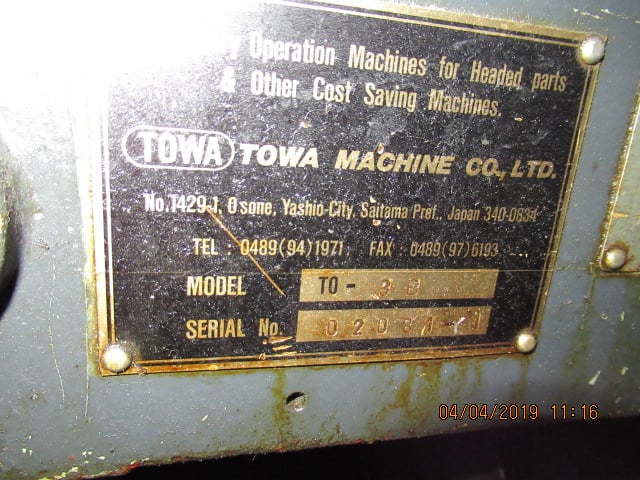 .74" Towa #TO-3B, shaver, 7-30 PPM, 21" vibratory bowl, collet spindle, cross slide tool holder