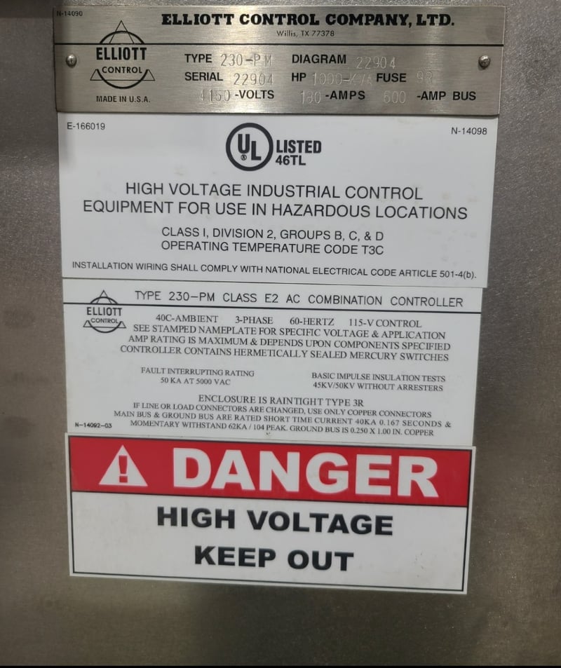 350 HP Elliott, 230PM, explosion proof across the line starters, 4100